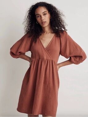 100% Cotton Muslin Madewell Marianna Puff-Sleeve “Ground Clove” Mini Wrap Dress